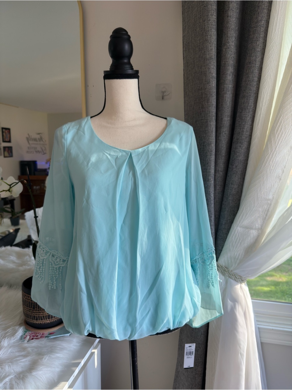 Light Blue Crochet-Sleeve Women's Blouse